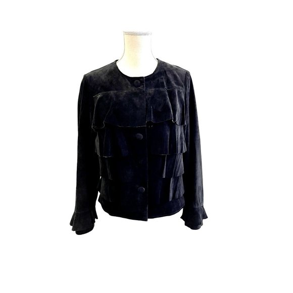 NEIMAN MARCUS‎ Leather Suede Ruffled Jacket -Size M - Picture 1 of 8